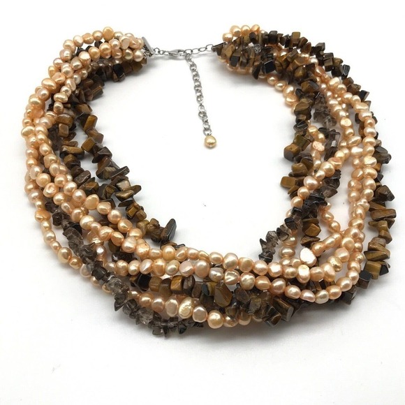 925 Sterling Silver Vintage Multi-Strand Gemstone Pearl Tiger's Eye Necklace - Picture 2 of 10